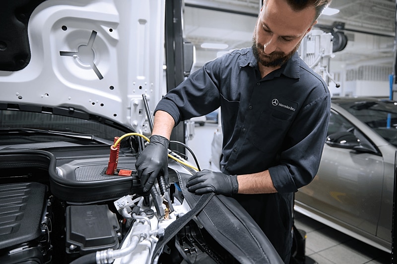 Mercedes-Benz EV 12-volt battery and brake inspection