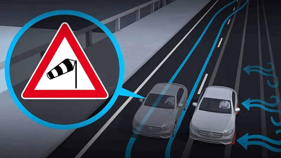 Learn about the Mercedes-Benz GLE safety feature Crosswind Assist Graphic showing Mercedes-Benz Crosswind Assist system