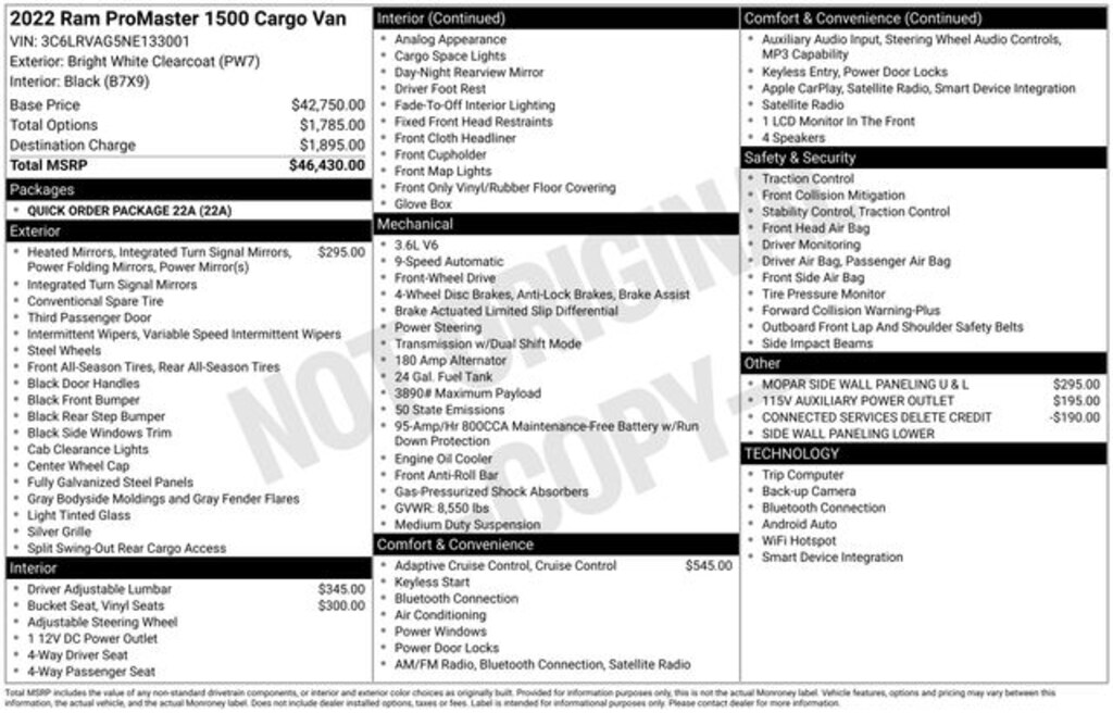 Used 2022 Ram ProMaster 1500 Low Roof Van Cargo Van