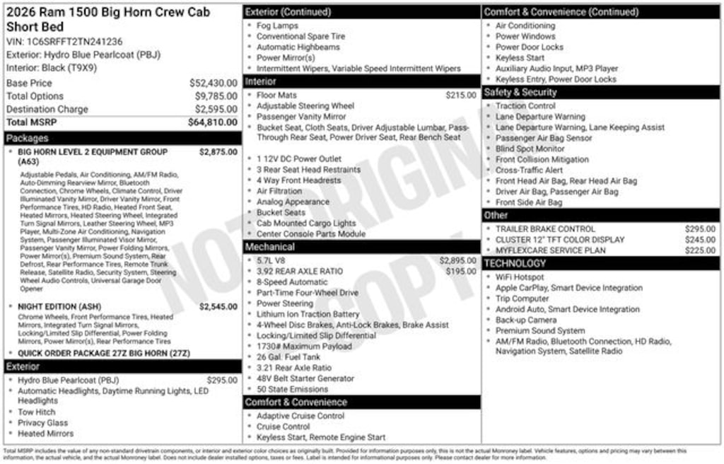 New 2026 Ram 1500 BIG HORN CREW CAB 4X4 5'7 BOX Pickup