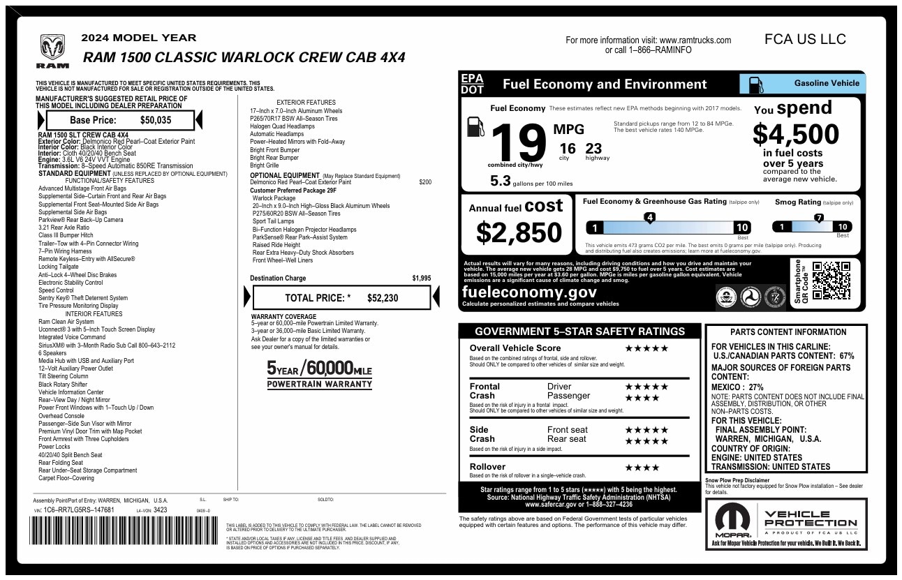 Original window sticker for a 2024 Ram 1500 Warlock Crew Cab 4x4 showing factory features, MSRP pricing, and specifications at Upper Valley Auto Mart near White River Junction serving Vermont and New Hampshire.
