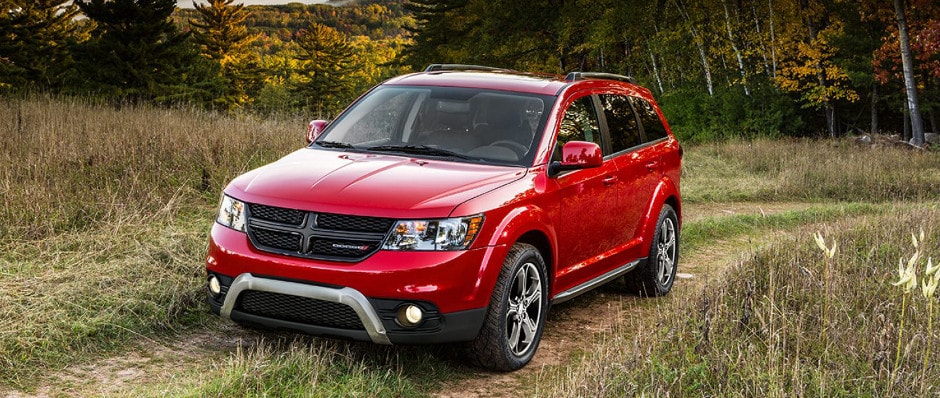 Red Dodge Journey driving through a grassy pathway