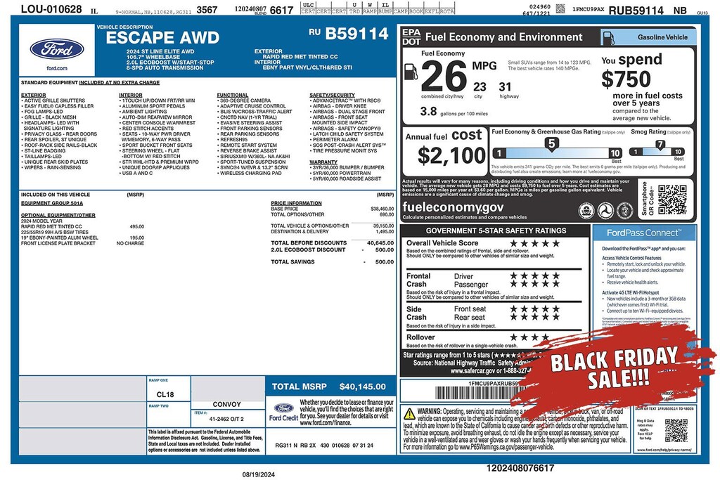 New 2024 Ford Escape For Sale at Mike Murphy Ford VIN 1FMCU9PAXRUB59114