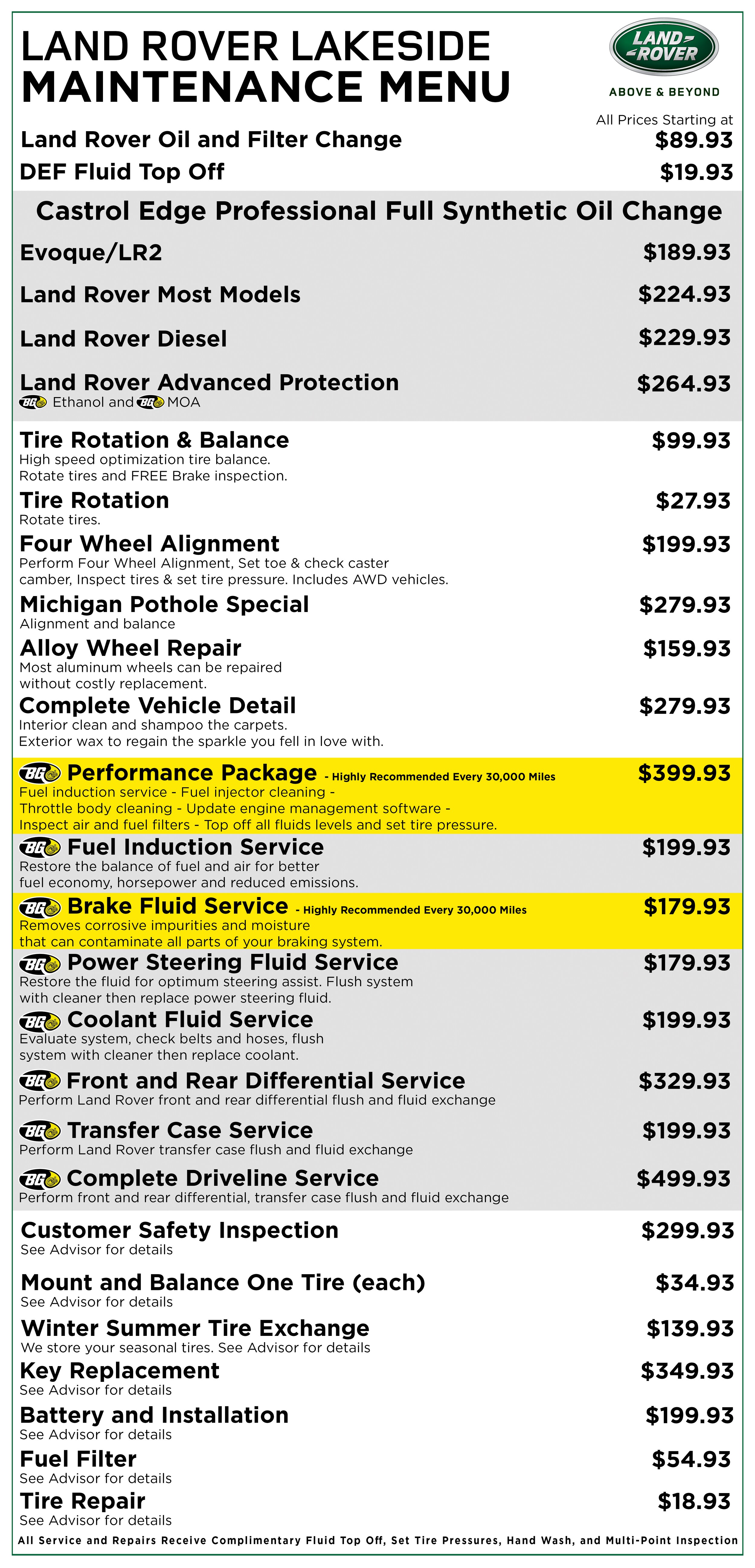 Maintenance Menu Pricing Land Rover Lakeside