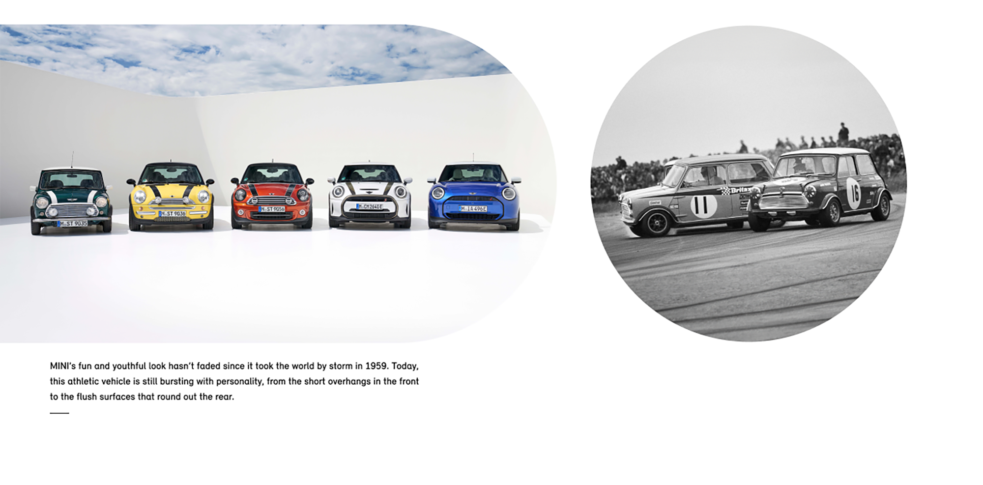 Five MINI Cooper vehicles in different exterior body colors parked side by side on a blank white surface
with their shadows underneath them and a white wall in the background.
Black-and-white photo of two classic MINI Cooper vehicles driving on a dirt racetrack with an audience
and cloudy skies in the background.