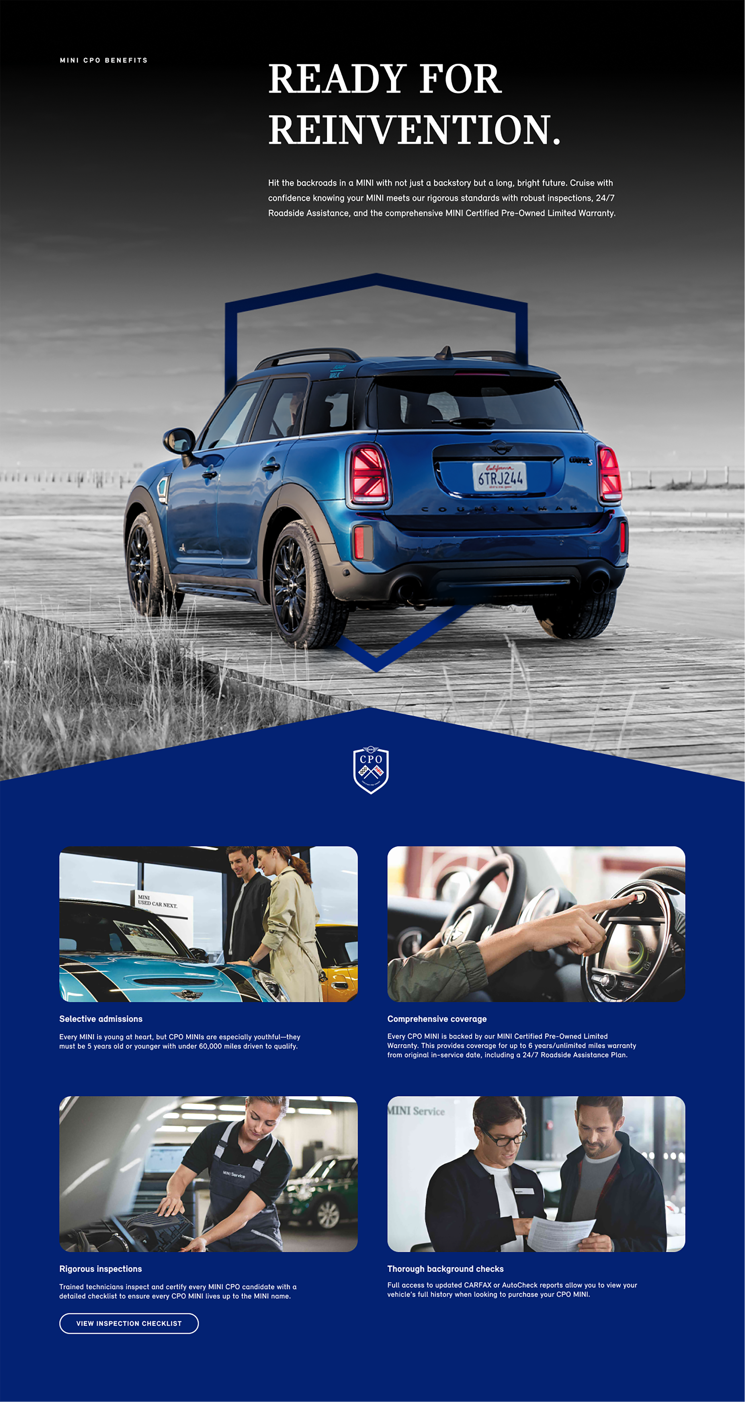 Rear view of a MINI Countryman S ALL4 driving down a boardwalk. A man and women smiling down at a MINI at a dealership. A hand interacting with the MINI Display. A MINI technician inspecting a vehicle. Two men examine a background check.
