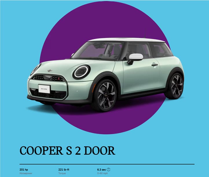 Angled view of a MINI Cooper 2 Door in a blue circle with a blue background