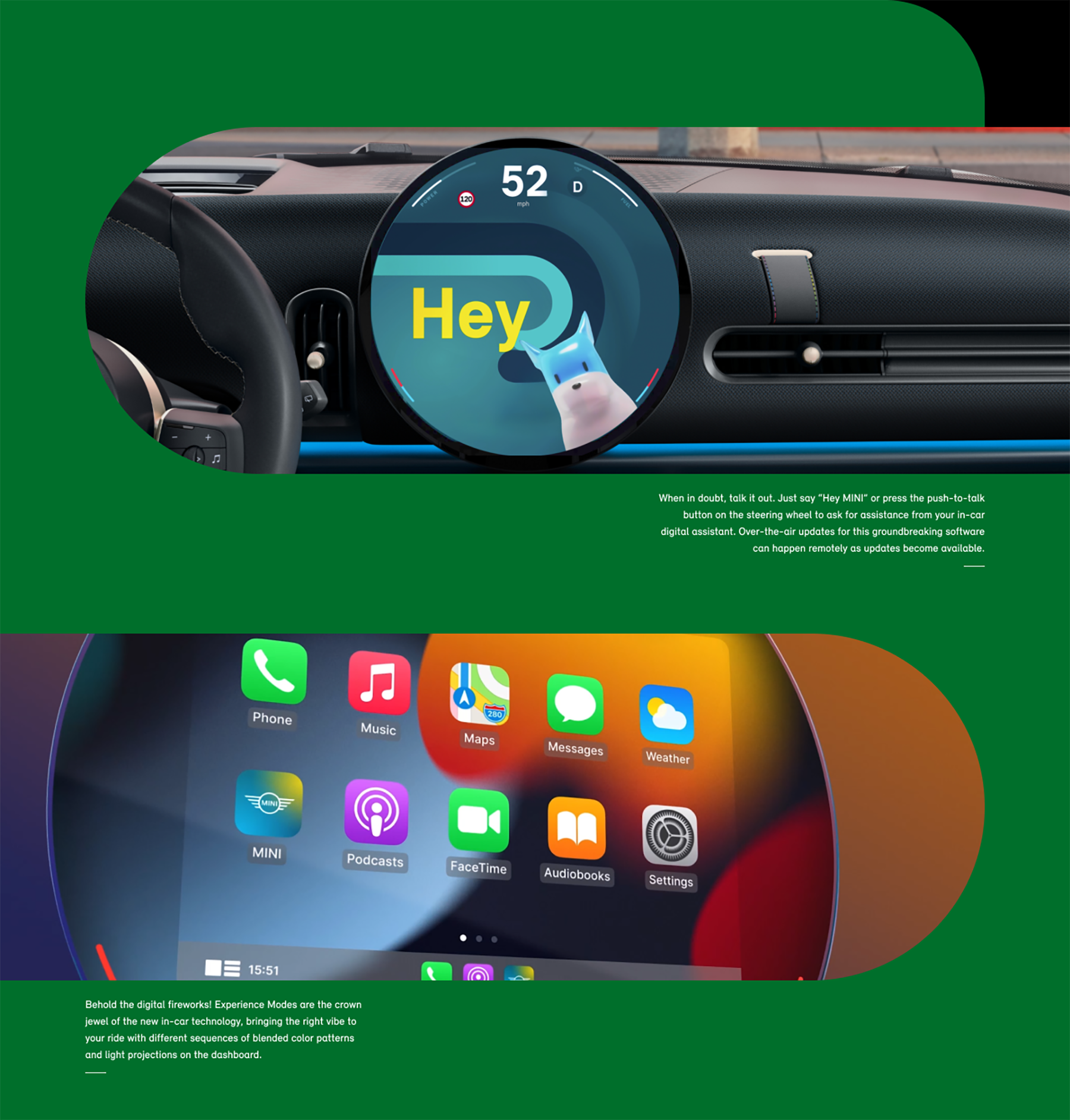 Closeup view of the MINI Cooper S 2 Door 9.4 inch round OLED display interface with a grid of applications displayed on the
screen.
