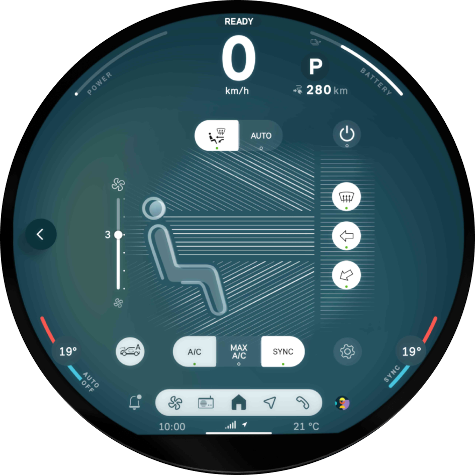 A close-up of the 9.4 circular OLED display screen