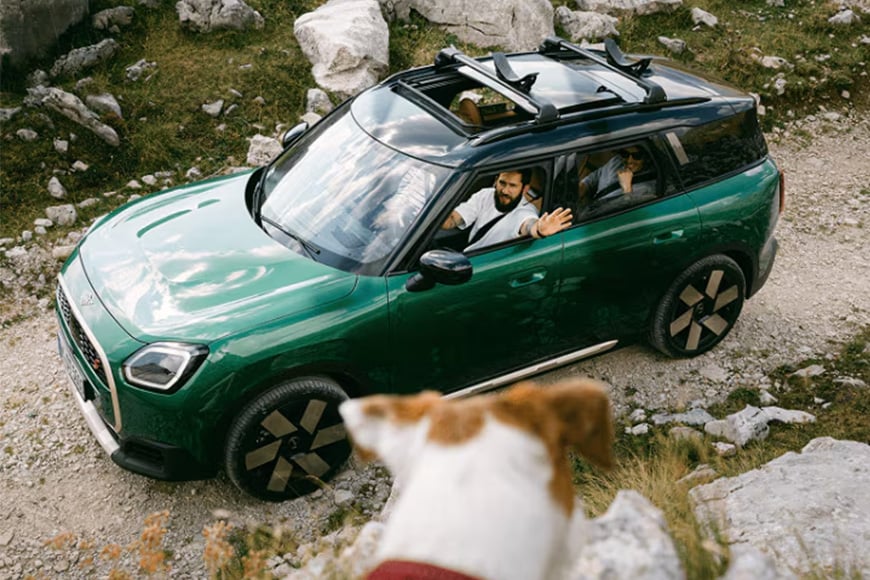 Man driving MINI waving at dog out the window.