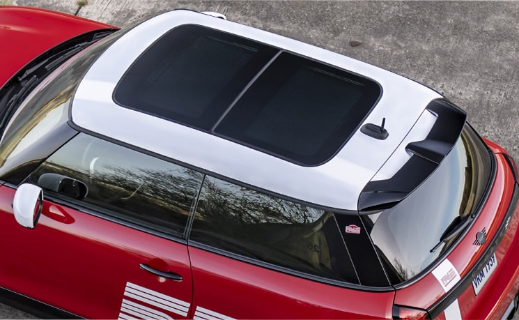Overhead view 2026 JCW 2 Door roof and mirror caps.
