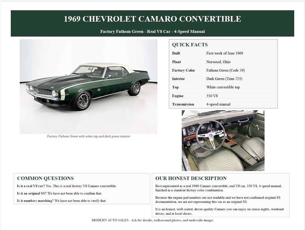 Used 1969 Chevrolet Camaro Base Convertible