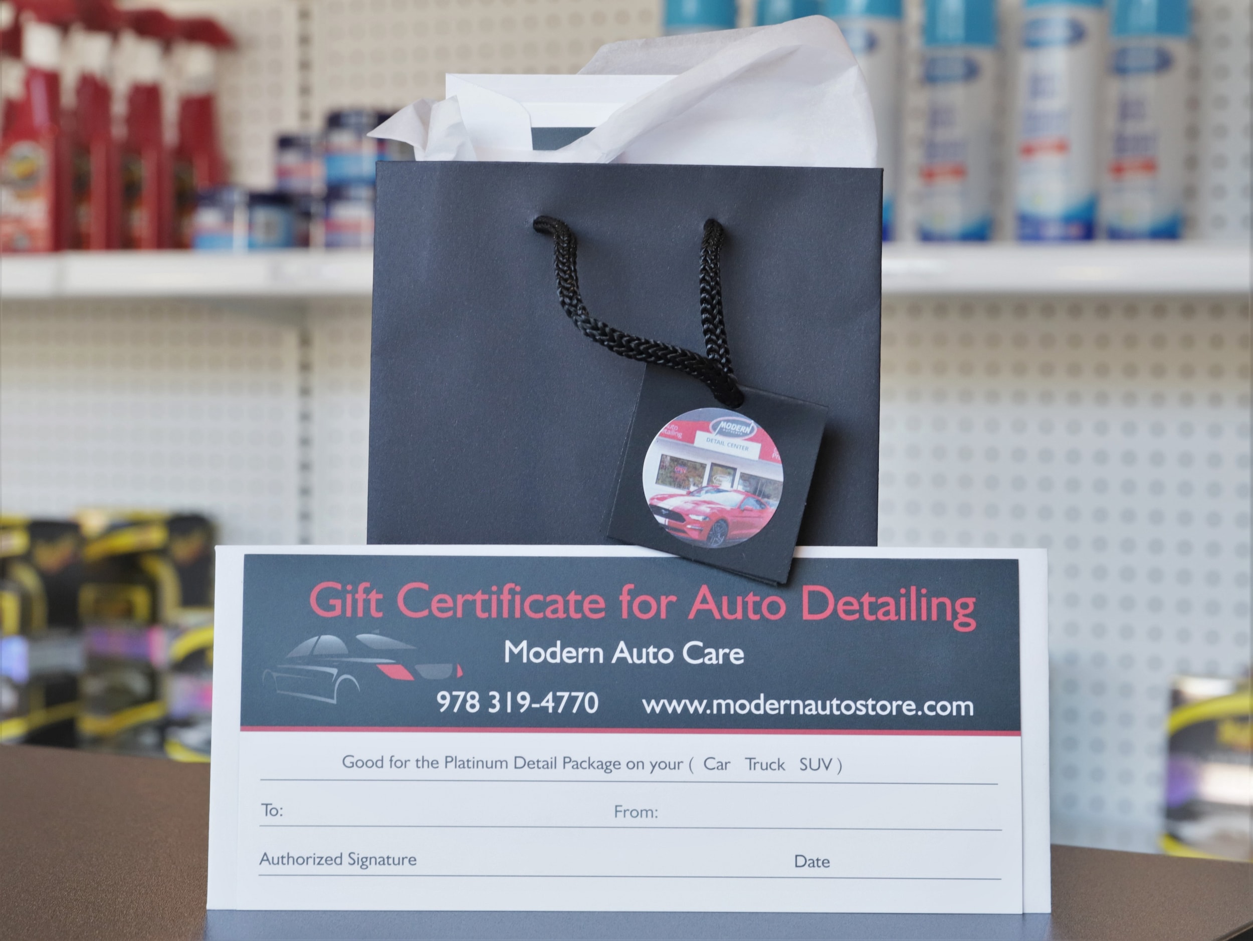 Modern Auto detailing gift cards display