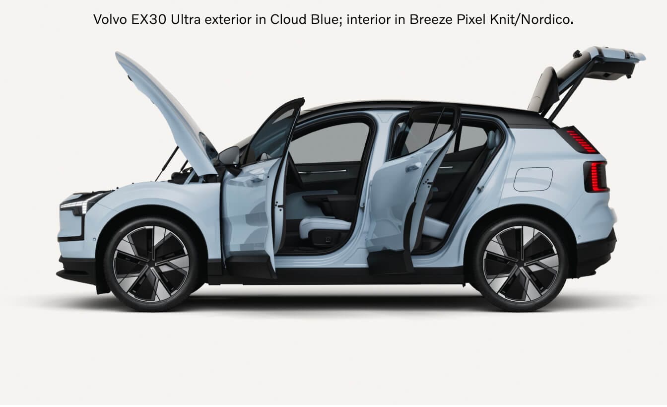 Side view of a Volvo EX30 Ultra in Cloud Blue showcasing open doors, hood, and tailgate.