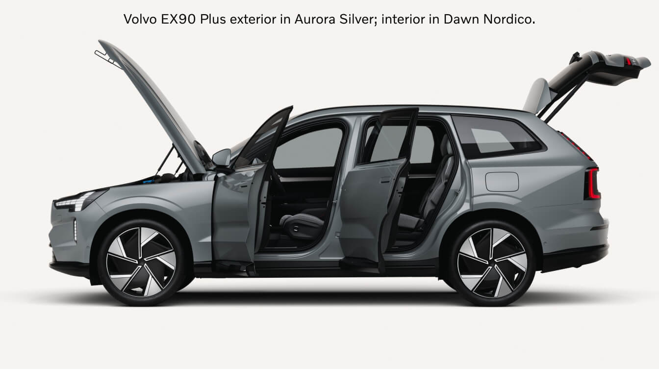 Side view of a Volvo EX90 Plus in Aurora Silver showcasing open doors, hood, and tailgate.