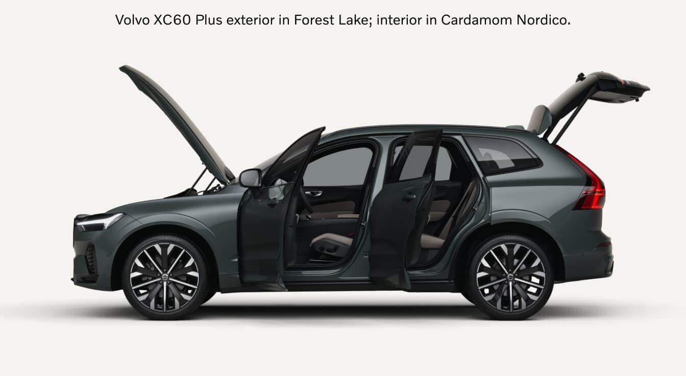 Side view of a Volvo XC60 Plus in Forest Lake showcasing open doors, hood, and tailgate.