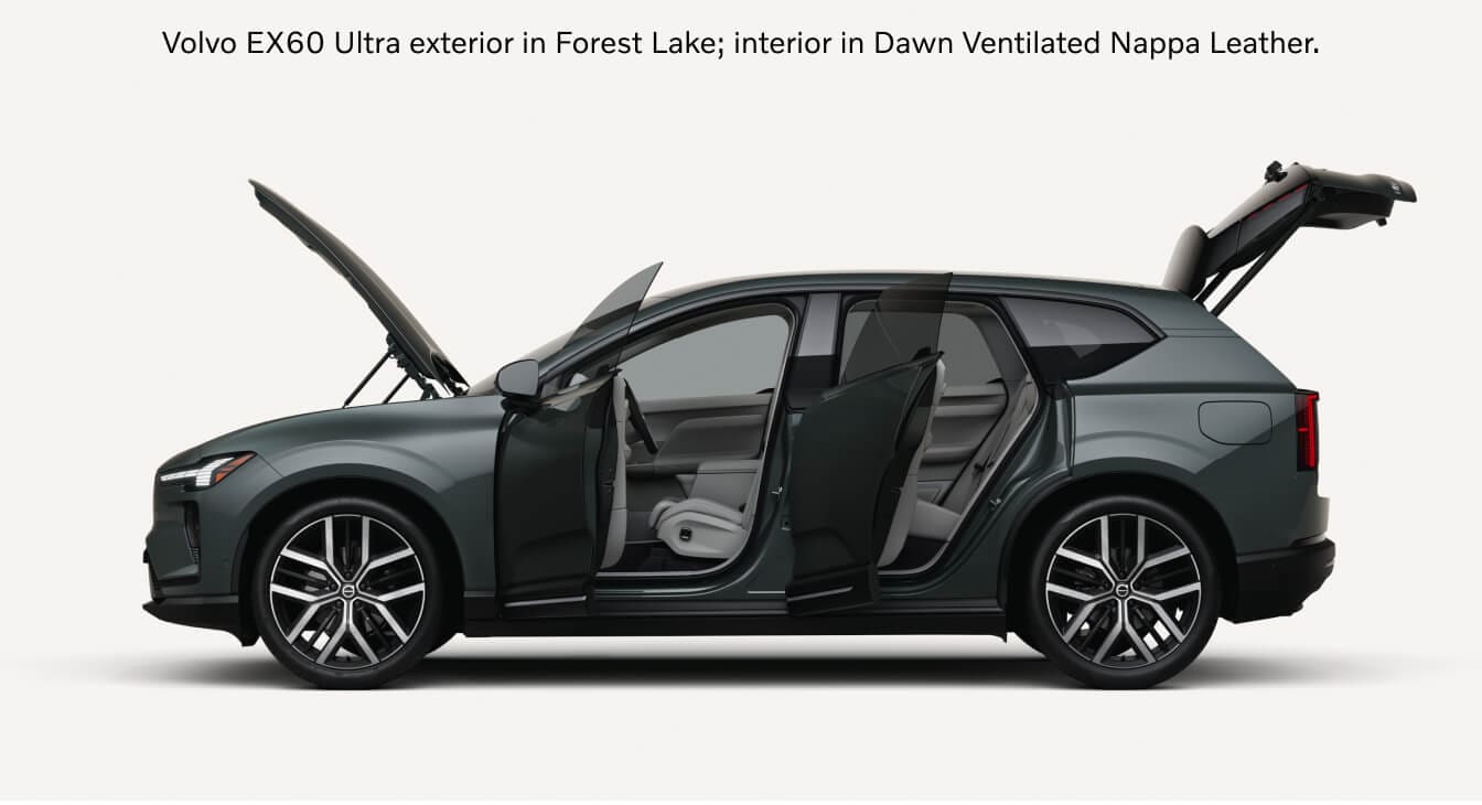 Side view of a Volvo EX60 Ultra in Forest Lake showcasing open doors, hood, and tailgate.