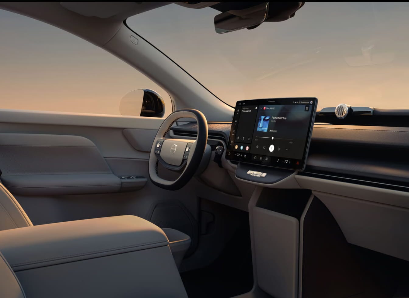 Modern 2026 Volvo EX60 SUV interior with a sleek dashboard, large touchscreen display, and leather seats.