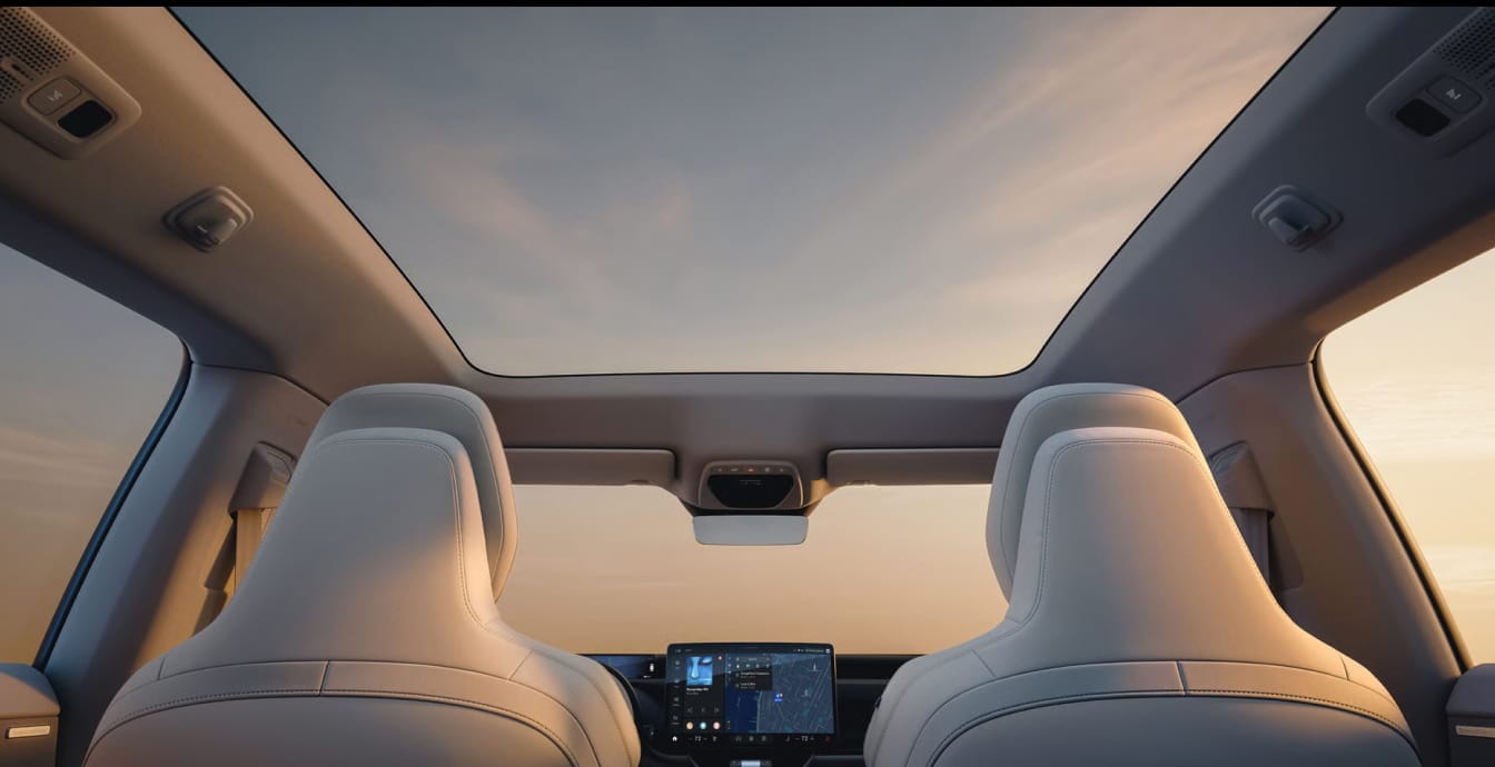 View from inside a 2026 Volvo EX60 SUV with a panoramic roof at sunset, with light-colored leather seats and a central dashboard display showing a navigation map.