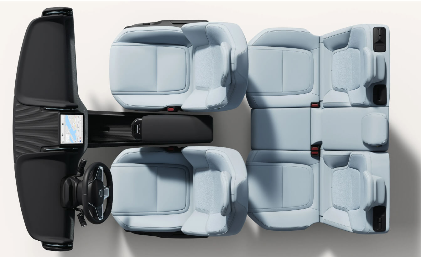 Top-down view of a Volvo EX30 Ultra interior layout showcasing light blue breeze pixel knit seats, dashboard, and center console.