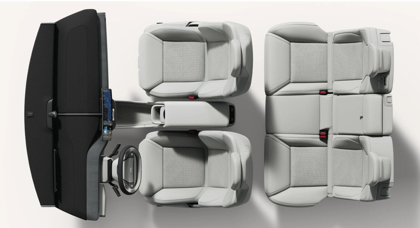 Top-down view of a Volvo EX60 Ultra interior layout showcasing dawn ventilated nappa leather seats, dashboard, and center console.