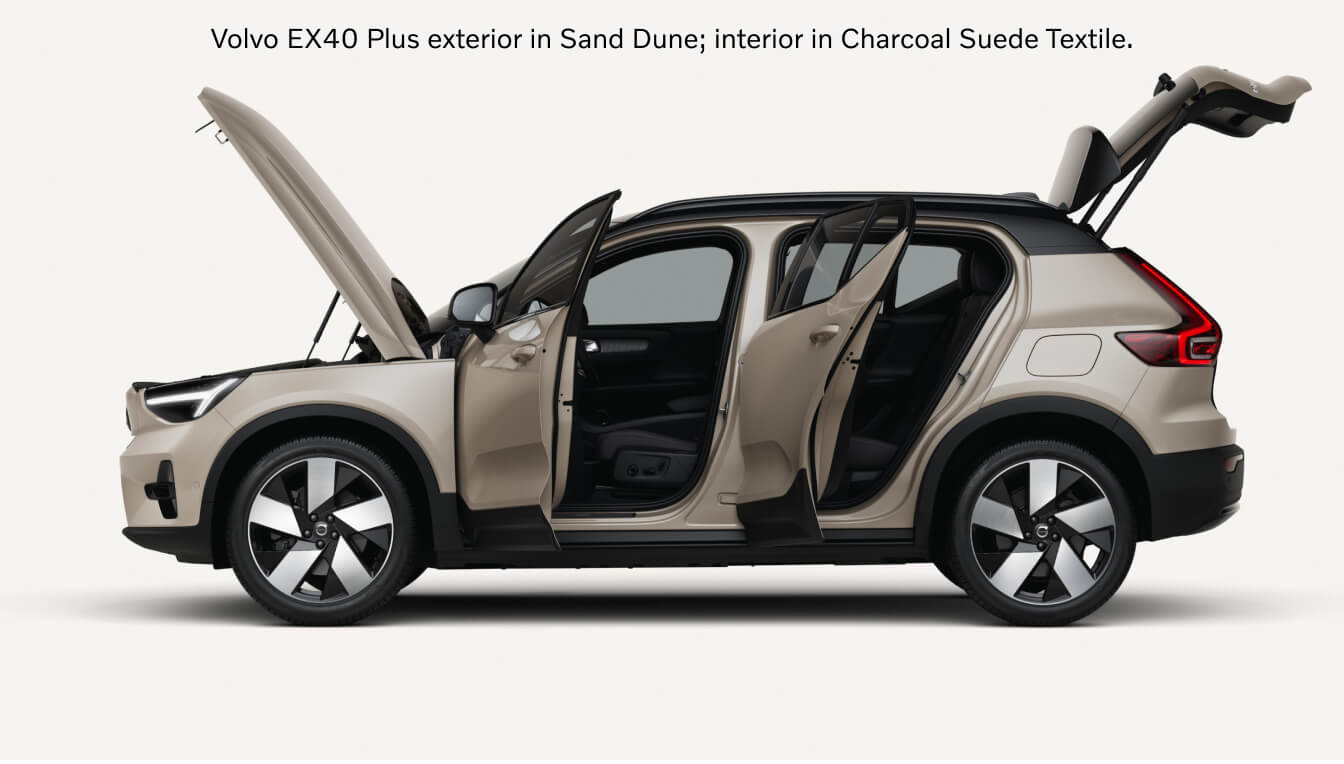 Side view of a Volvo EX40 Plus in Sand Dune showcasing open doors, hood, and tailgate.
