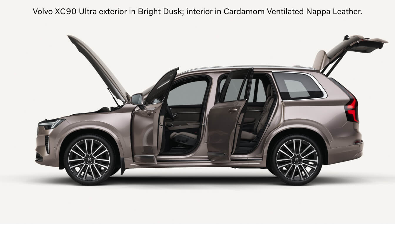 Side view of a Volvo XC90 Ultra in Bright Dusk showcasing open doors, hood, and tailgate.