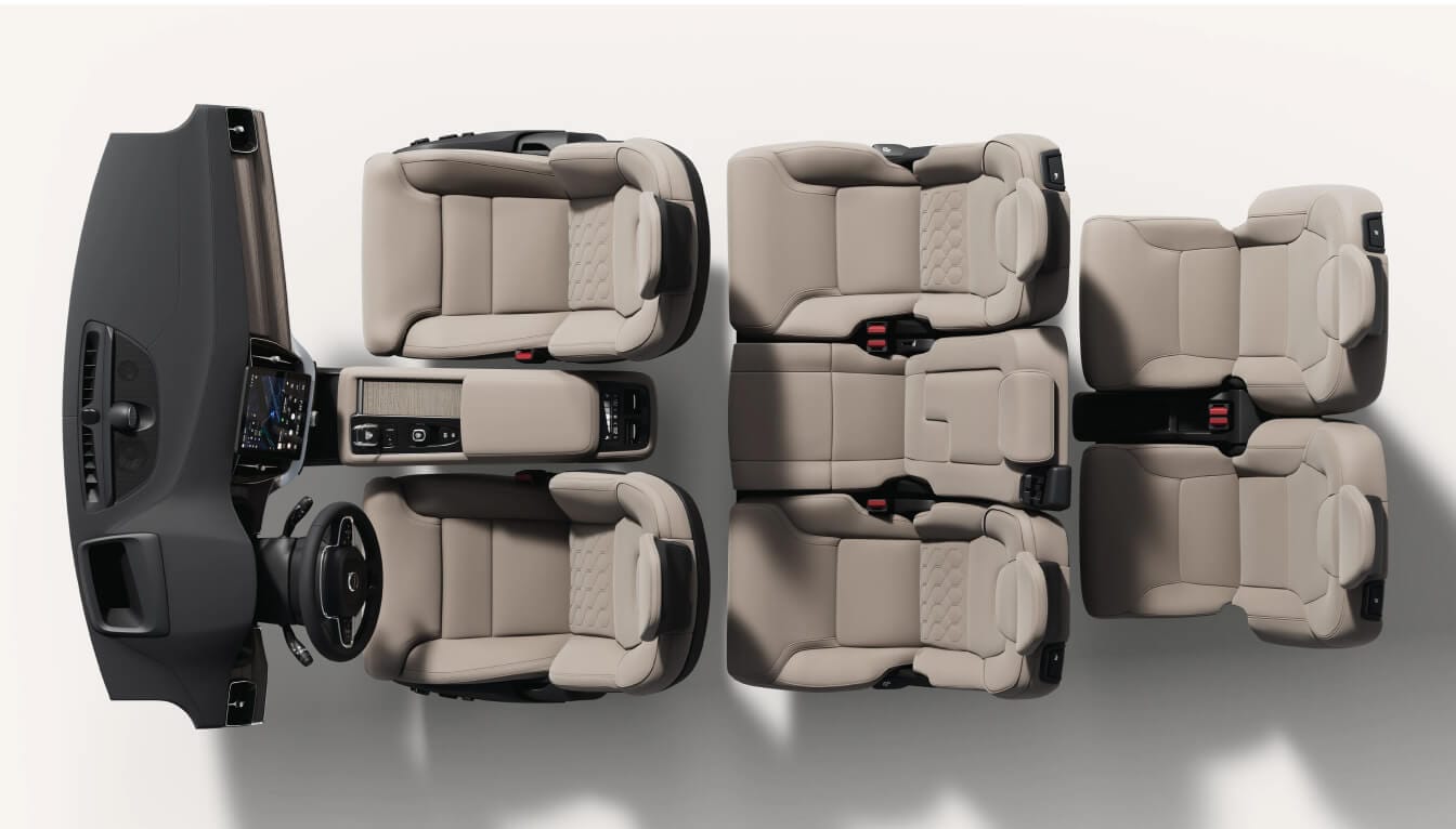 Top-down view of a Volvo XC90 Ultra interior layout showcasing three rows of cardamom leather seats, dashboard, and center console.