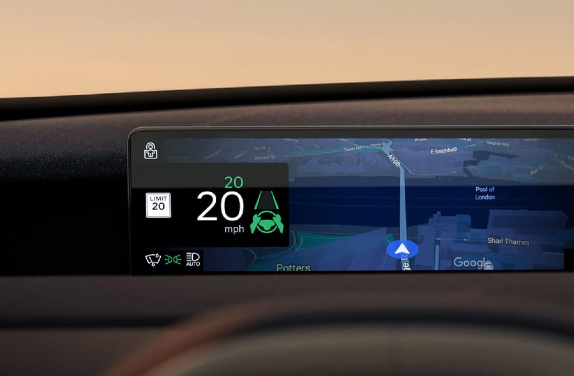 2027 Volvo EX60 dashboard display showing a digital speedometer reading 20 mph and a navigation map.