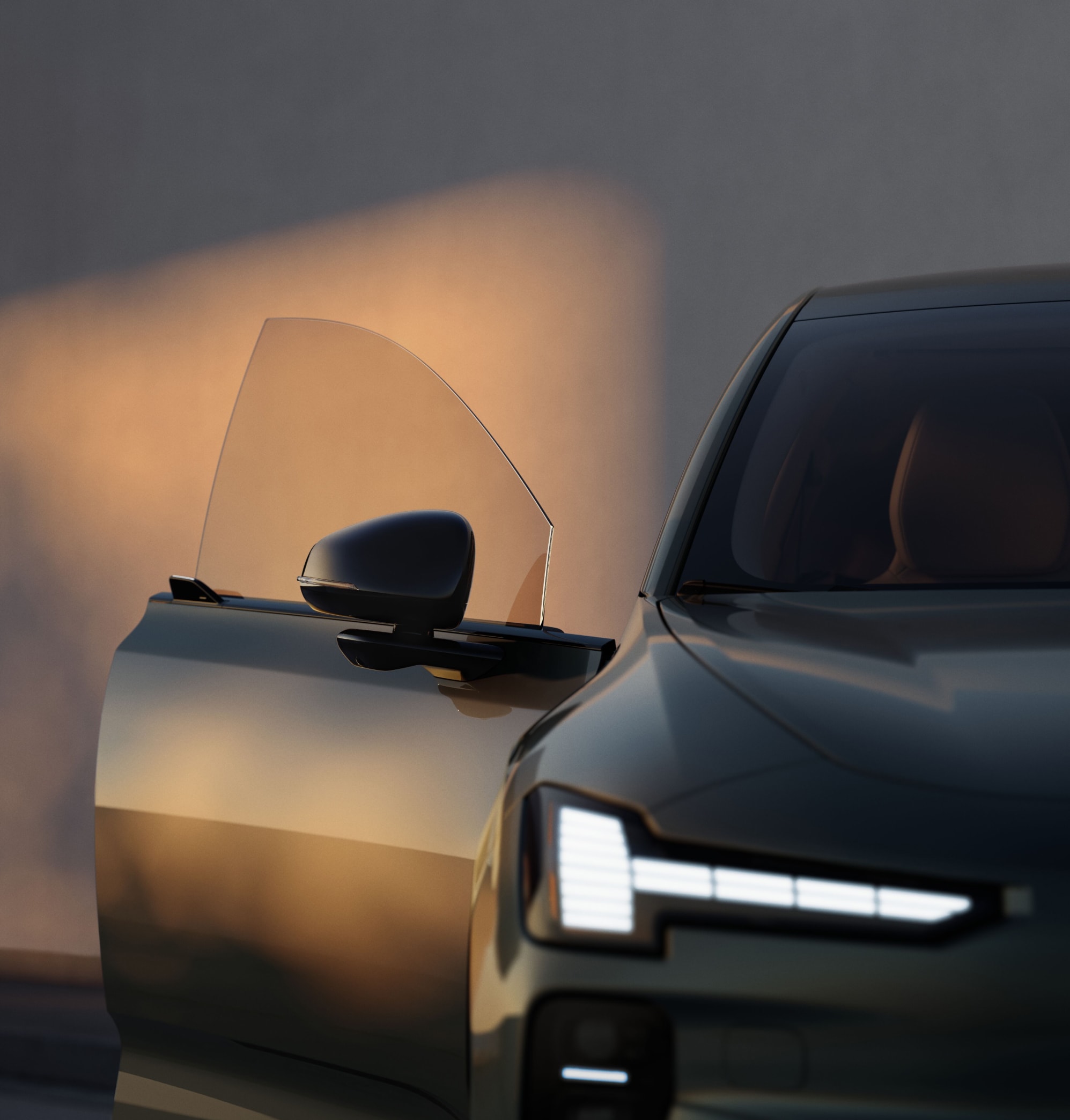 Close-up of a sleek, modern 2027 Volvo EX60 with its driver-side door open against a soft warm sunset.