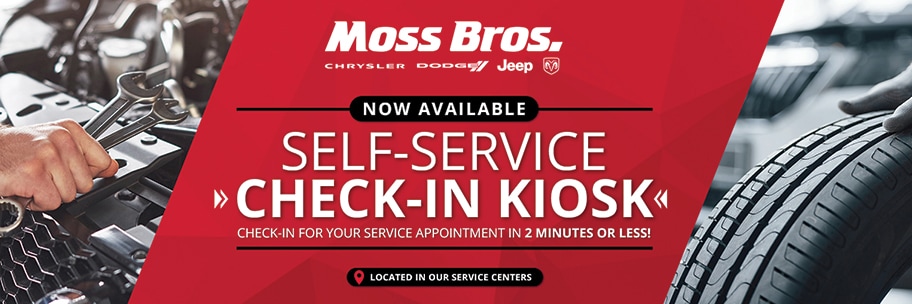 Moss Bros. Chrysler Dodge Jeep Ram Self-Service Check-In Kiosk now available. Check-in for your service appointment in 2 minutes or less! Located in our service centers.