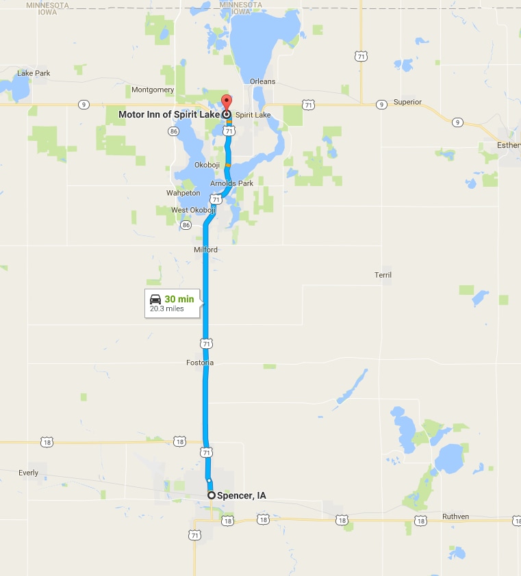 Directions From Spencer IA Motor Inn of Spirit Lake Inc