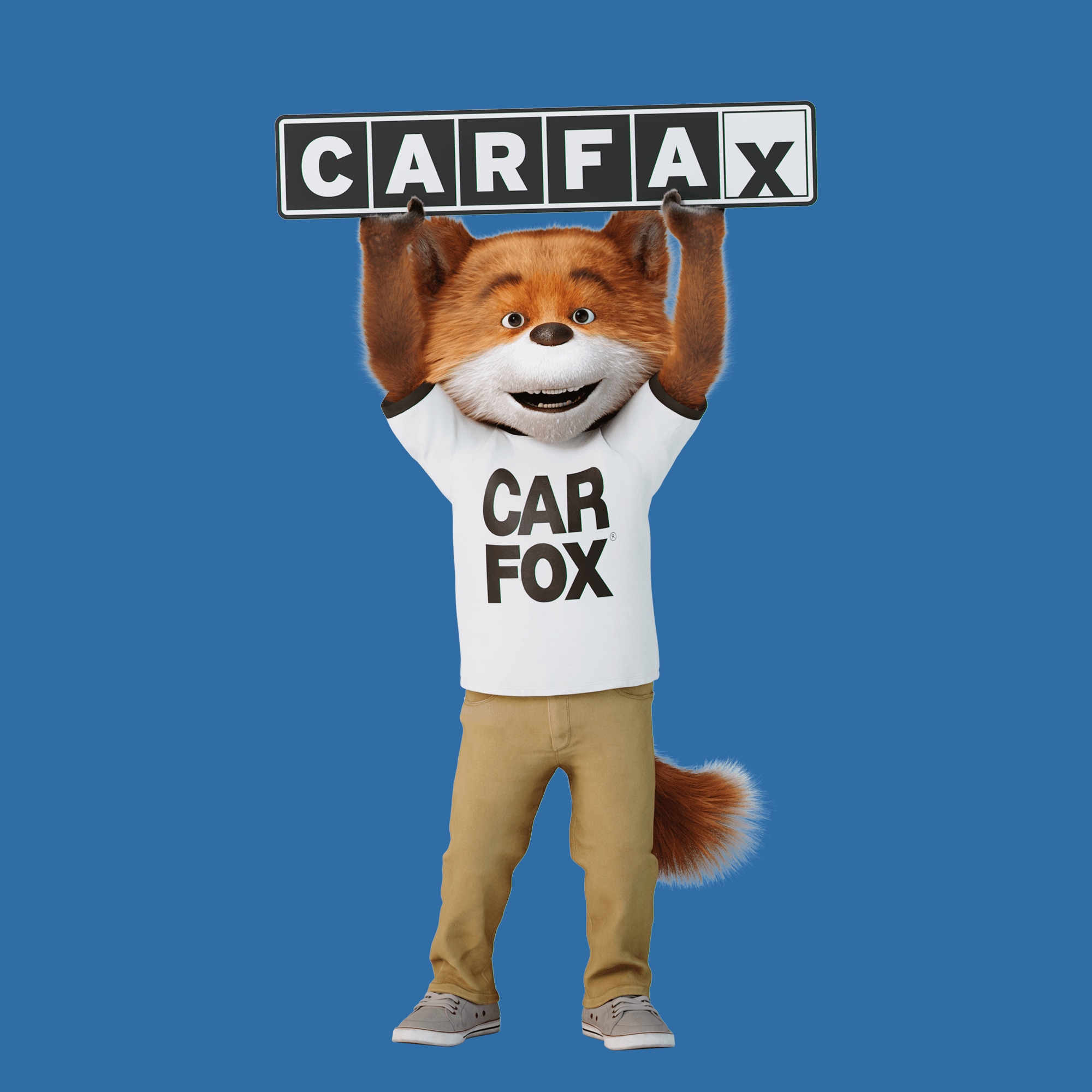 CARFAX Car Fox holding the CARFAX logo on a blue background