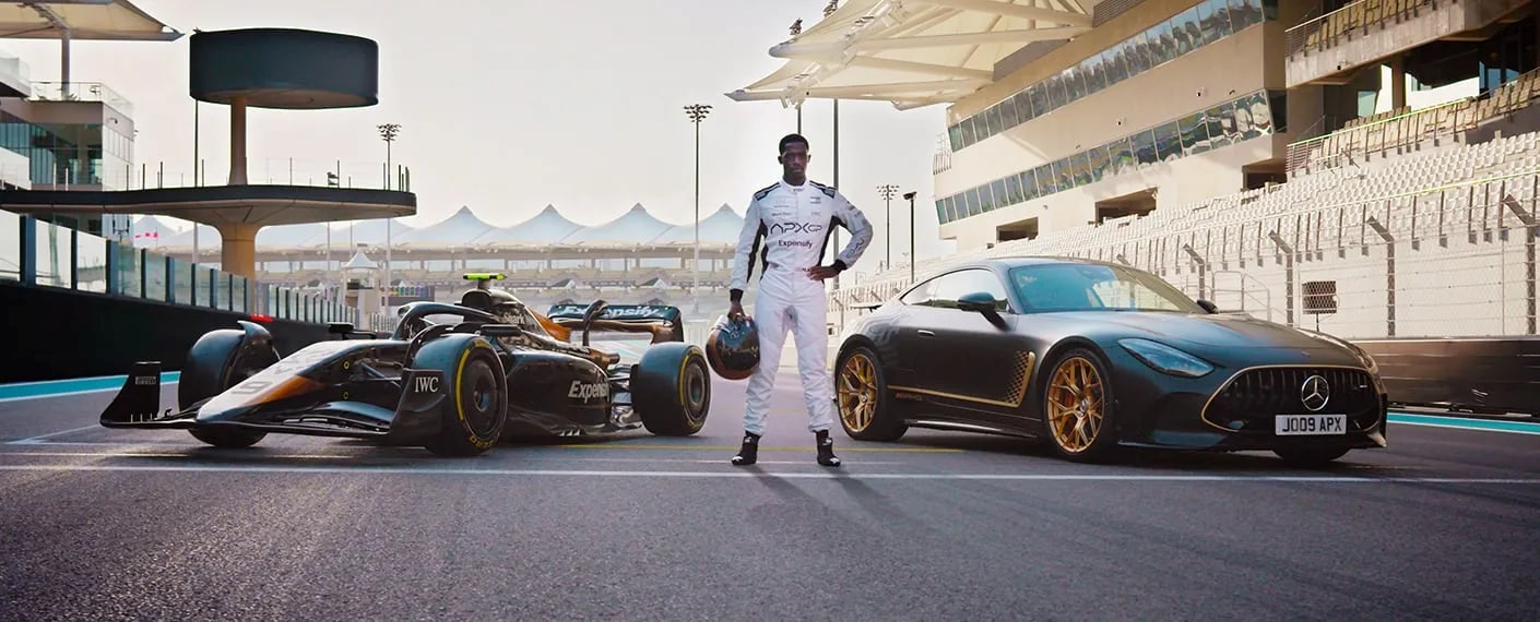 2026-Mercedes-AMG-GT63-APXGP with a driver on the track
