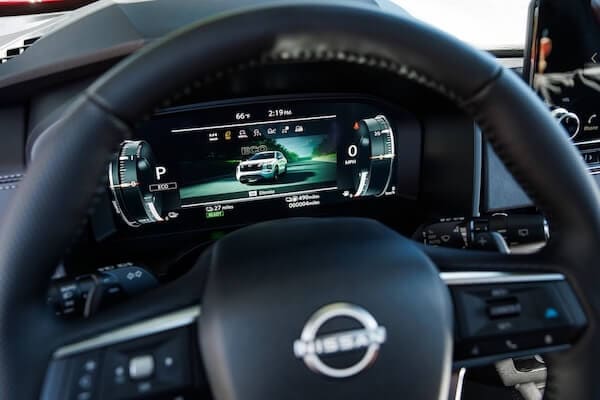 Digital driver display and instrument cluster inside the 2026 Nissan Rogue featuring customizable vehicle information and modern technology.