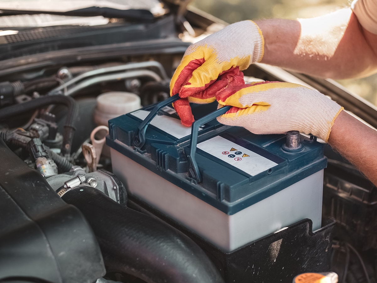 Technician inspecting a vehicle battery