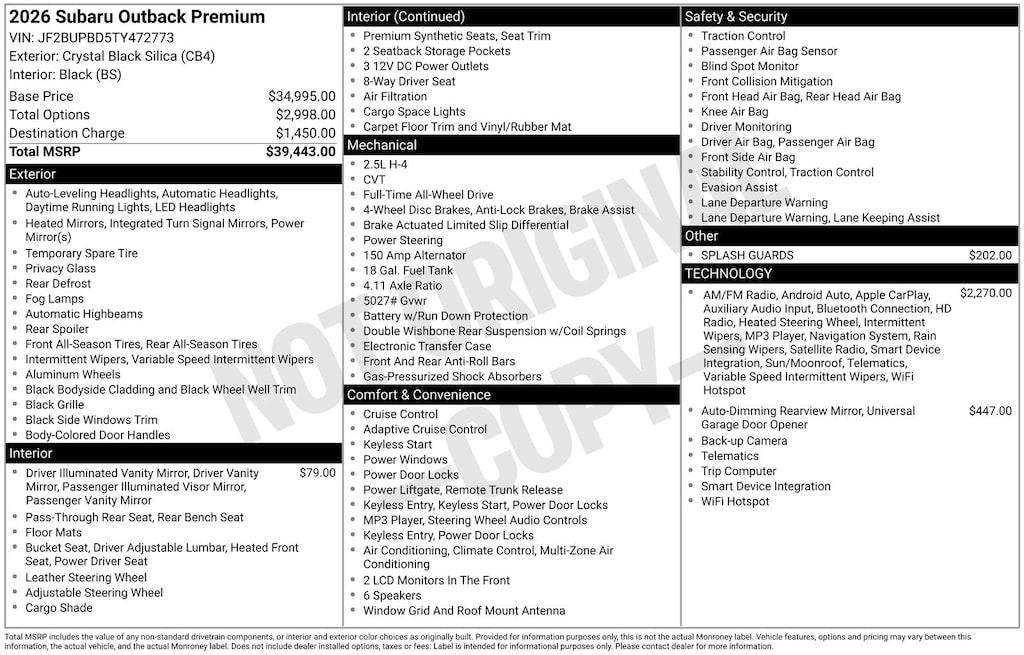New 2026 Subaru Outback Premium WAGON