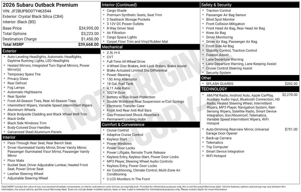 New 2026 Subaru Outback Premium WAGON
