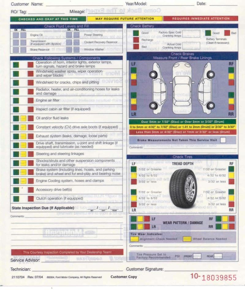 Ford inspection sheet