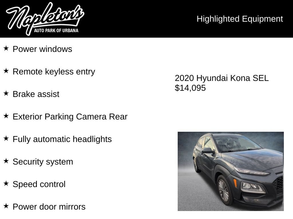 Used 2020 Hyundai Kona SEL with VIN KM8K2CAA9LU562175 for sale in Urbana, IL