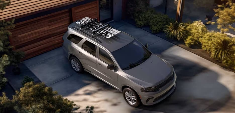 dodge durango aerial shot showing roof rack with skis on top