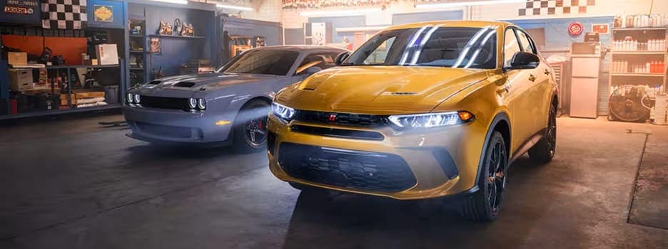Yellow Dodge Hornet next to Dodge Charger