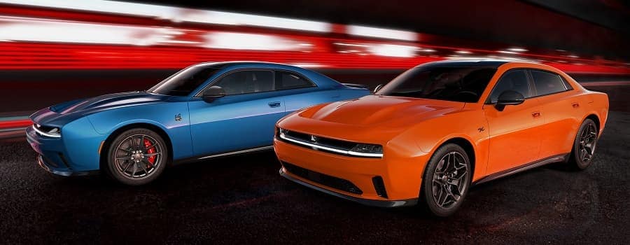 Blue Electric Dodge Charger Daytona Scat Pack and Orange Dodge Charger Daytona R/T