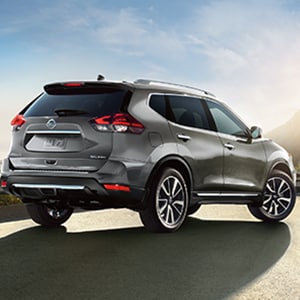 Rear view of silver Nissan Rogue