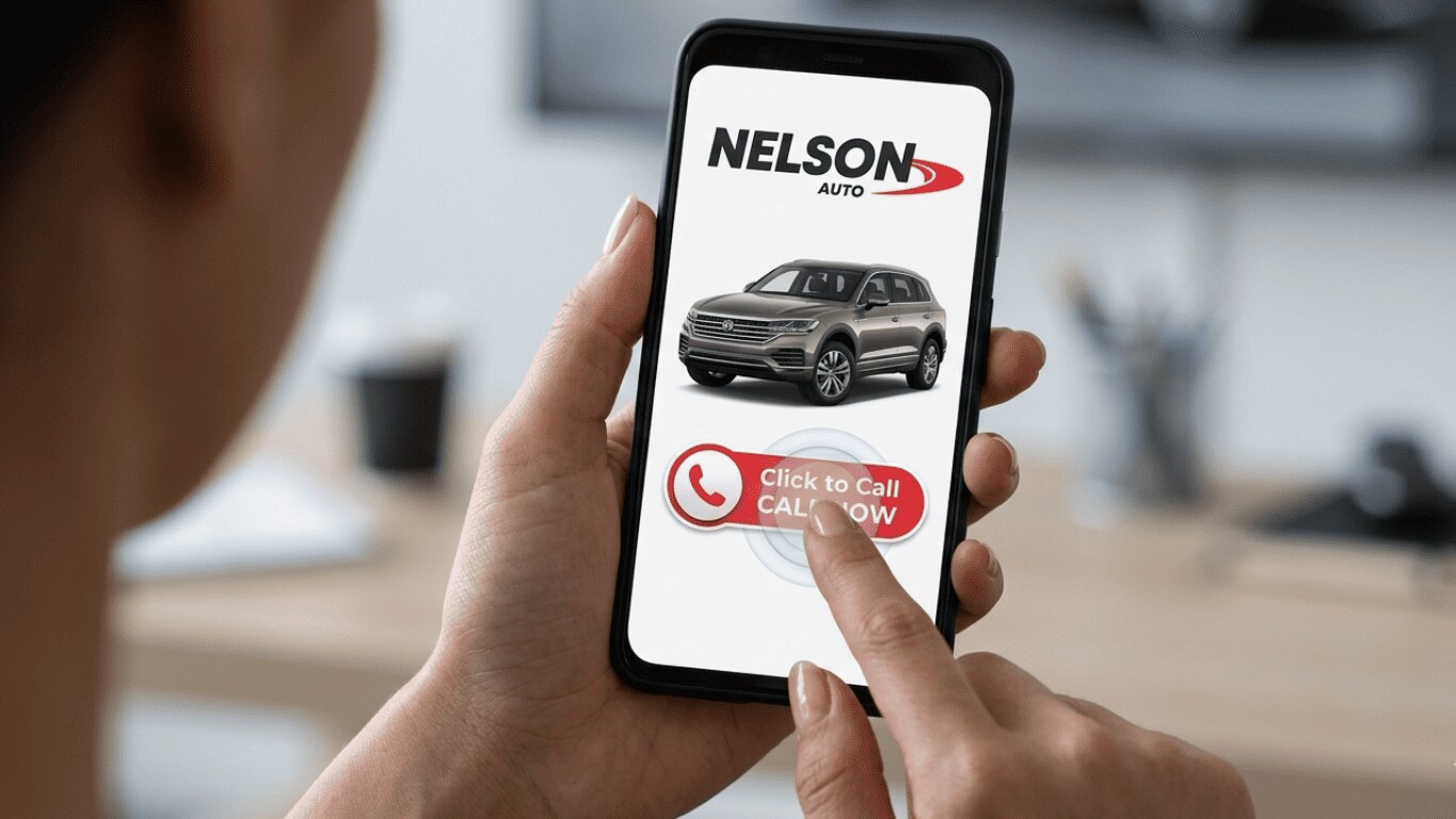 Cell phone showing click to call features on Nelson Auto Fergus Falls, MN website.