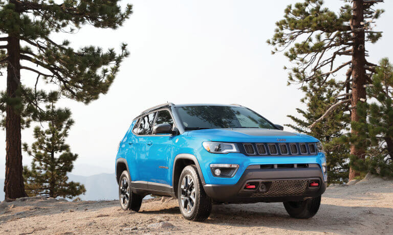 2020 jeep compass in blue parked on hill top between two trees in the mountians