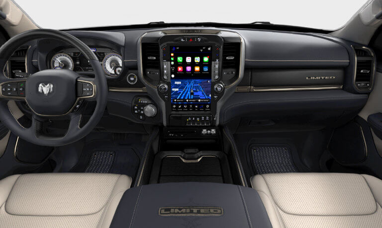 Ram 1500 interior showing two front seats and front dash