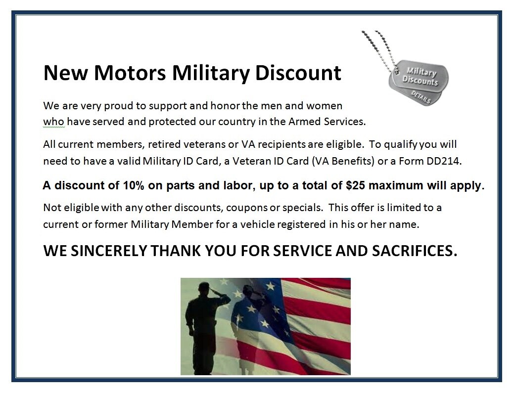 New Motors offers a Military Discount on Service and Parts | Erie, PA