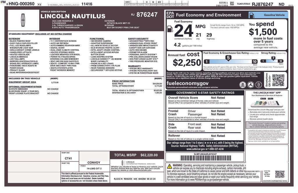 2024 Lincoln Nautilus Reserve Black Metallic at New Motors