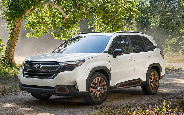 White Subaru SUV parked in a forest